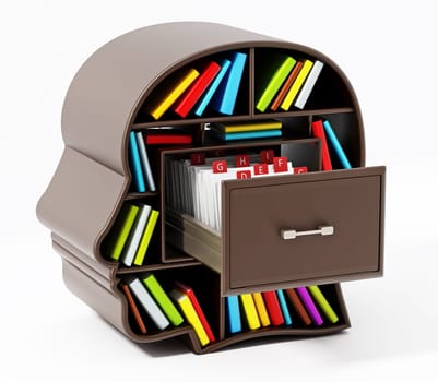Index card catalogue inside head library drawer. 3D illustration.