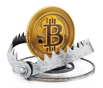 Gold digital coin in ready bear trap. 3D illustration.