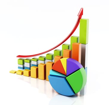 Rising sale bars and pie chart showing financial data. 3D illustration.