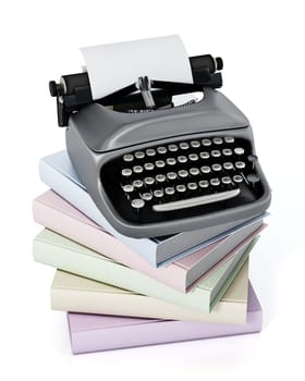 Typewriter and books stack isolated on white background. 3D illustration.