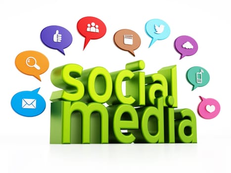 Social media concept with green text and media speech balloons. 3D illustration.