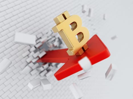 Bitcoin symbol on the arrow destroying the wall. 3D illustration.