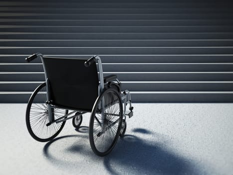 Empty wheelchair standing in front of steep staircase. 3D illustration.