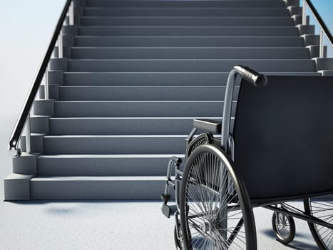 Empty wheelchair standing in front of steep staircase. 3D illustration.