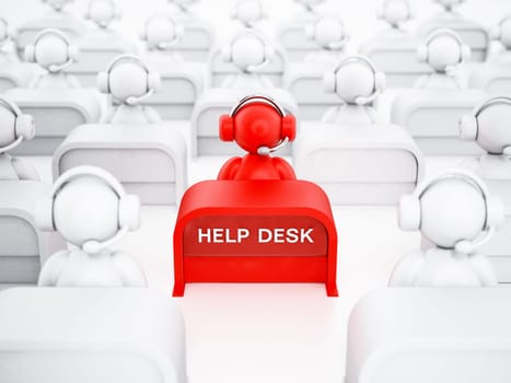 Customer representative with headset sitting on the help desk. 3D illustration.