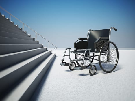 Empty wheelchair standing in front of steep staircase. 3D illustration.