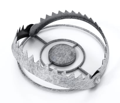 Gold digital coin in ready bear trap. 3D illustration.