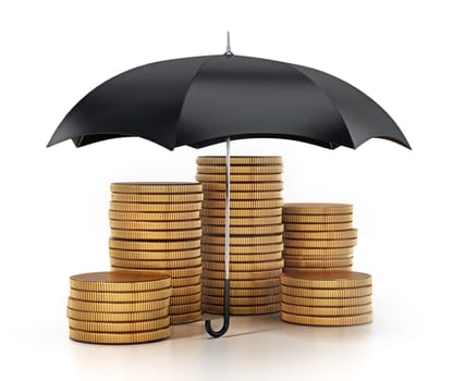 Umbrella protecting gold coins stack. 3D illustration.