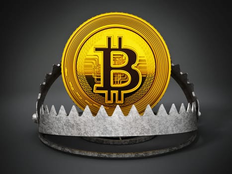 Gold digital coin in ready bear trap. 3D illustration.