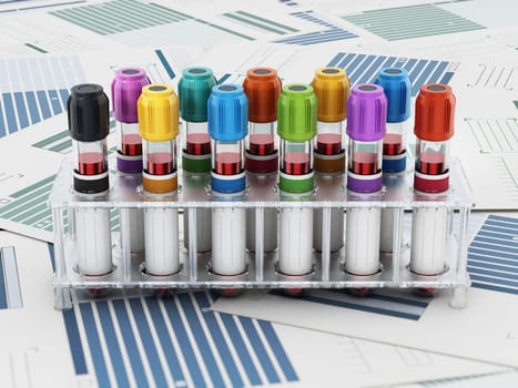 Blood vials with vibrant colored lids standing on medical forms. 3D illustration.