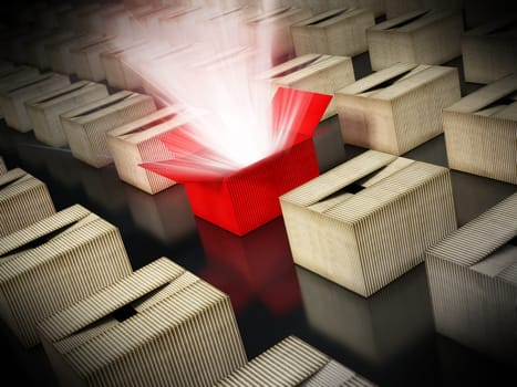 Red cardboard box with glowing light ray standing out. 3D illustration.