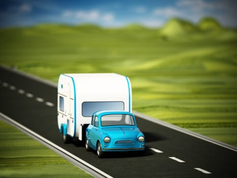 Blue vintage car on the road with caravan. 3D illustration.