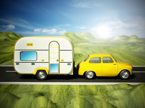 Yellow vintage car on the road with caravan. 3D illustration.