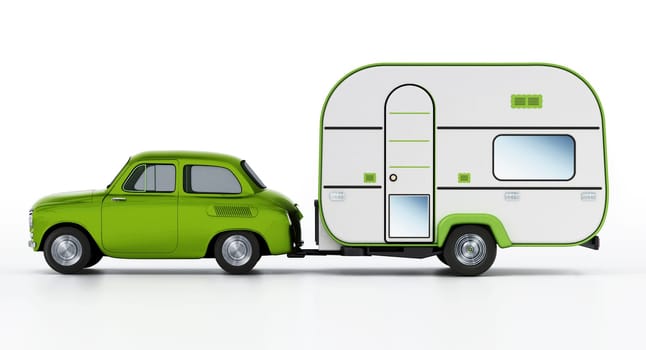Green vintage car with caravan. Isolated on white background. 3D illustration.