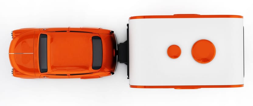 Orange vintage car with caravan. Isolated on white background. 3D illustration.