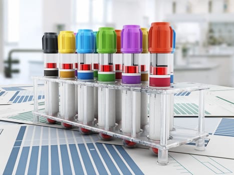 Blood vials with vibrant colored lids standing on medical forms. 3D illustration.