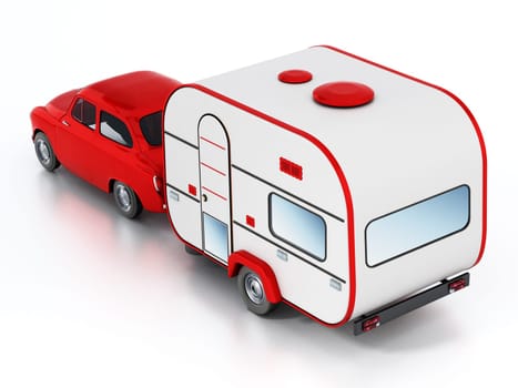 Red vintage car with caravan. Isolated on white background. 3D illustration.