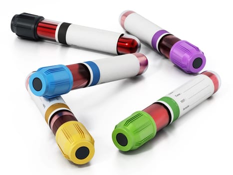 Blood vials with vibrant colored lids. 3D illustration.