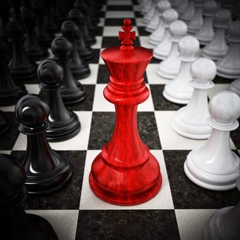 Red chess king standing between white and black pawns. 3D illustration.