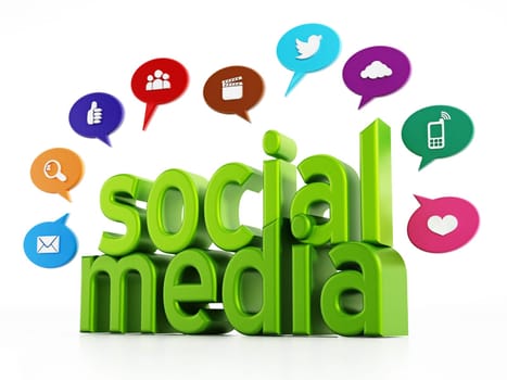 Social media concept with green text and media speech balloons. 3D illustration.