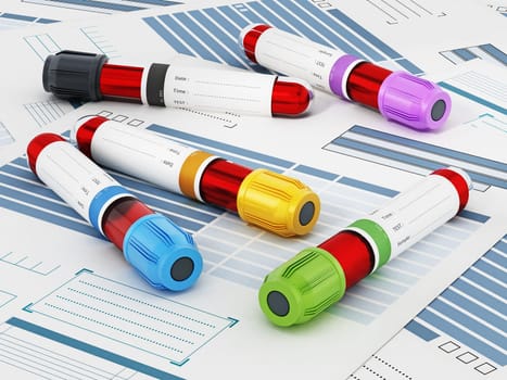 Blood vials with vibrant colored lids standing on medical forms. 3D illustration.