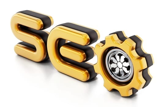 SEO word with a gear inside letter o. 3D illustration.