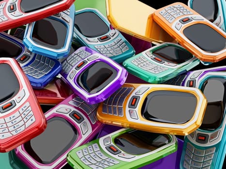 Old style multi colored mobile phones with keypad. 3D illustration.