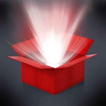 Red cardboard box with glowing light ray standing out. 3D illustration.