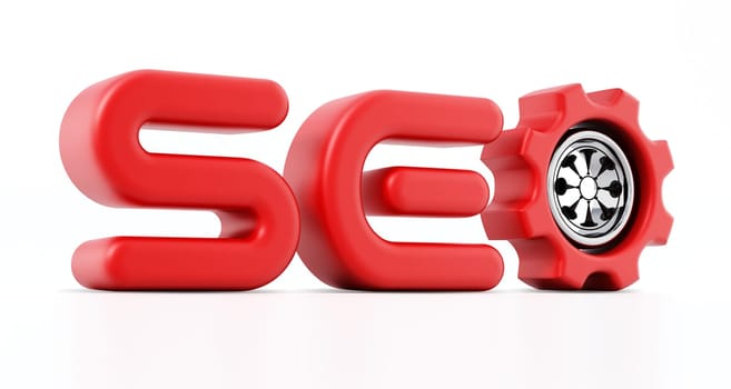 SEO word with a gear inside letter o. 3D illustration.