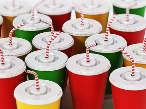 Stacked multi colored paper soda cups. 3D illustration.