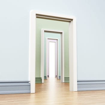 Hallway with many doors opening to each other. 3D illustration.