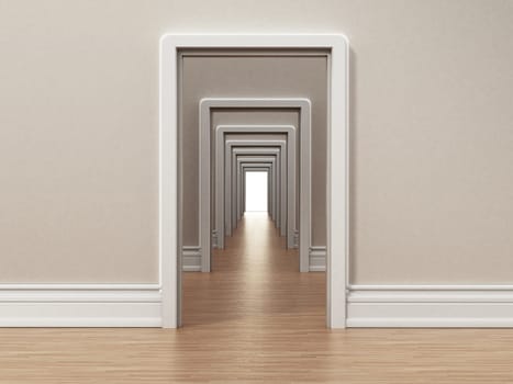 Hallway with many doors opening to each other. 3D illustration.