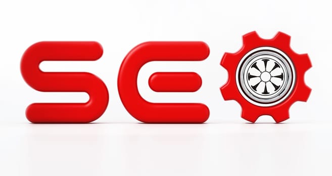 SEO word with a gear inside letter o. 3D illustration.