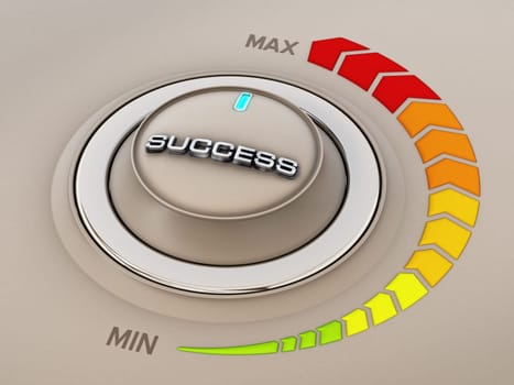 Vintage style control knob dial with success word. 3D illustration.