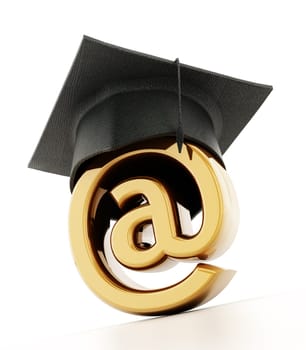 Graduation cap on internet sign of e-learning concept. 3D illustration.