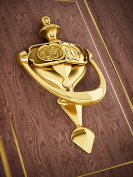 Golden door knocker on wooden door. 3D illustration.