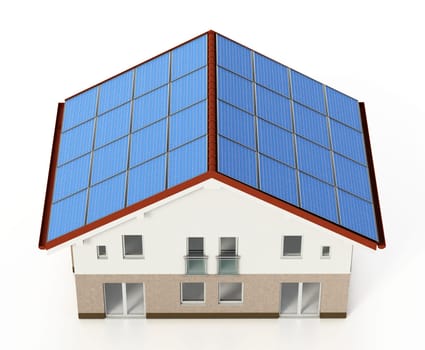 Solar panels installed on house roof. 3D illustration.