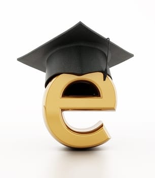 Graduation cap on letter e of e-learning concept. 3D illustration.