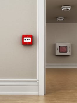 Fire button, smoke detectors and hose on the wall. 3D illustration.