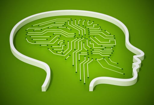 PCB brain inside female head icon. 3D illustration.