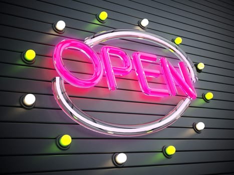 Purple neon illuminated Open signboard. 3D illustration.