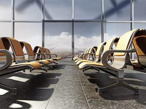 Airport seats in the waiting lounge of an airport. 3D illustration.