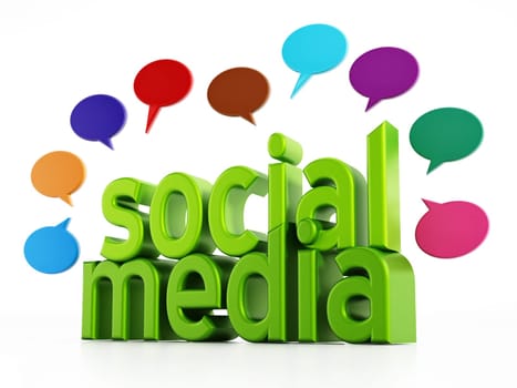 Social media concept with green text and media speech balloons. 3D illustration.