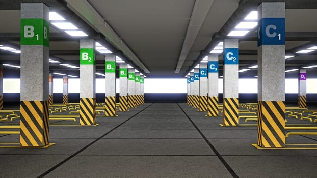 Empty parking lot with signs and guidelines. 3D illustration.