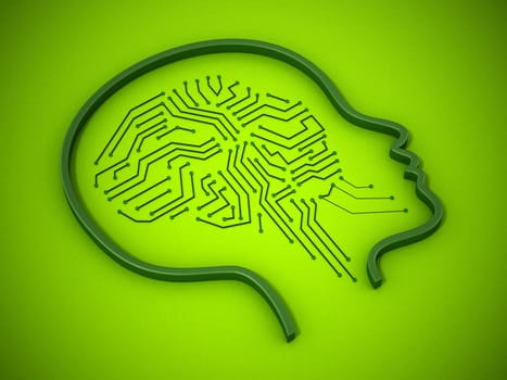 PCB brain inside female head icon. 3D illustration.