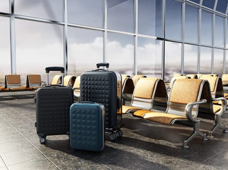 Airport seats in the waiting lounge of an airport. 3D illustration.