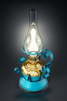 Vintage oil lamp glowing at the dark. 3D illustration.