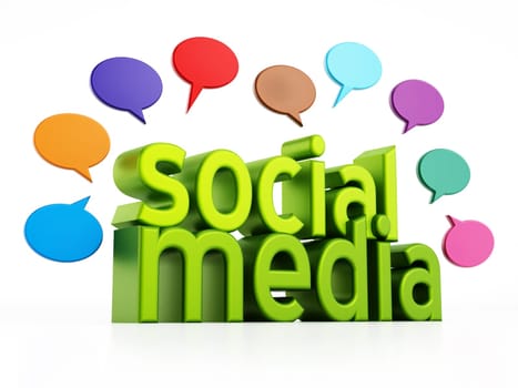 Social media concept with green text and media speech balloons. 3D illustration.