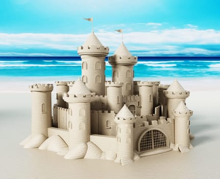 Elaborate Sandcastle standing the seashore. 3D illustration.