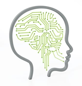 PCB brain inside female head icon. 3D illustration.